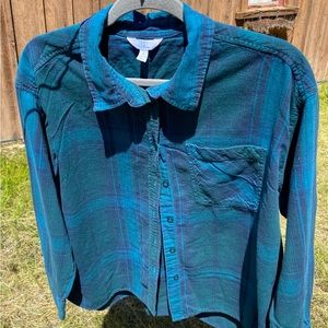 Time and Tru Teal Plaid Boyfriend Shirt